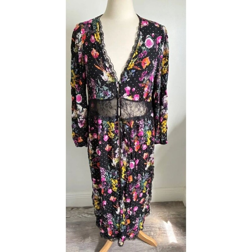 Torrid Size 0 Floral Crepe Lace Duster Kimono Black Long Cardigan
